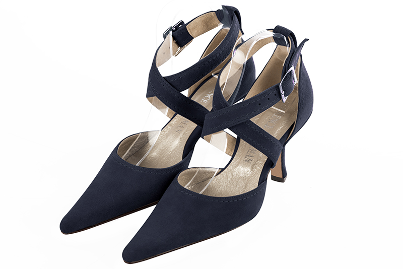 Navy blue women's open side shoes, with crossed straps. Pointed toe. High spool heels. Front view - Florence KOOIJMAN